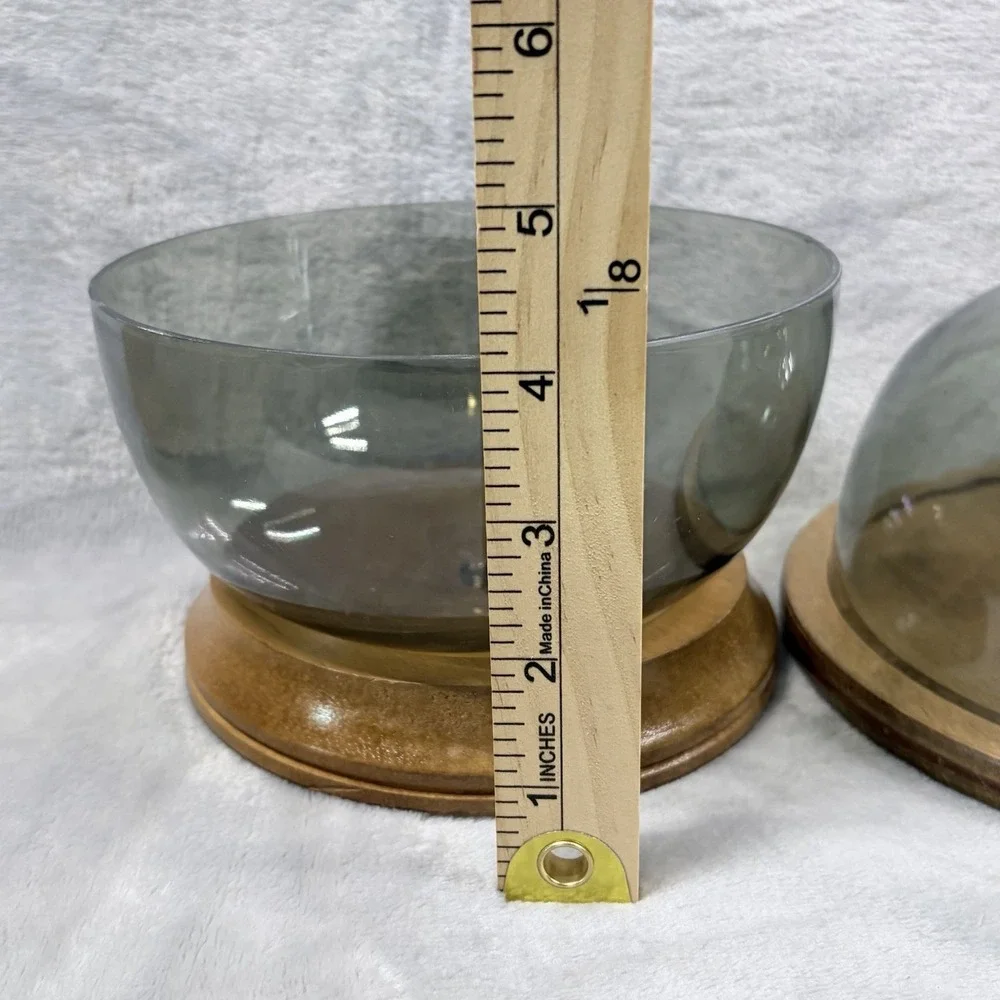 Vintage MCM Smoked Plastic Dome Cloche Wood Pedestal Cheese Server Bowl 8.5